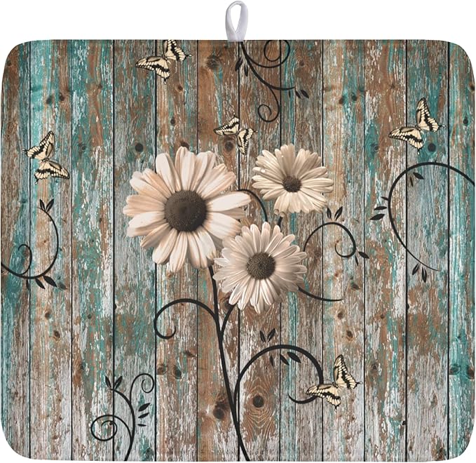 Spring Daisy Dish Drying Mat for Kitchen Counter 16 x 18 Inch Vintage Farmhouse Dish Drainer Mat Absorbent Microfiber Shabby Chic Flowers Dish Rack Pad for Coffee Dining Bar Decor