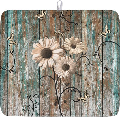 Spring Daisy Dish Drying Mat for Kitchen Counter 16 x 18 Inch Vintage Farmhouse Dish Drainer Mat Absorbent Microfiber Shabby Chic Flowers Dish Rack Pad for Coffee Dining Bar Decor