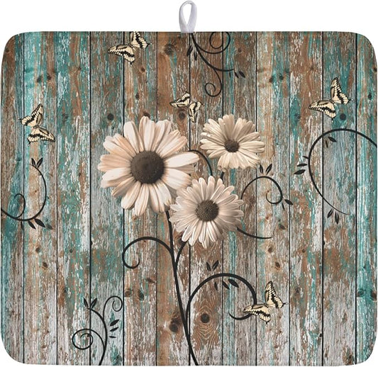 Spring Daisy Dish Drying Mat for Kitchen Counter 16 x 18 Inch Vintage Farmhouse Dish Drainer Mat Absorbent Microfiber Shabby Chic Flowers Dish Rack Pad for Coffee Dining Bar Decor