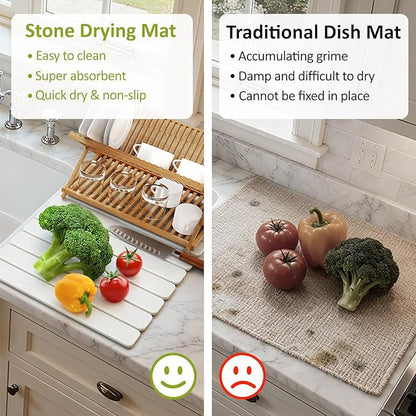 Large Stone Dish Drying Mat for Kitchen Counter, 24"(L)×16"(W), Collapsible Quick Dry Stone Dish Mats, Super Absorbent Diatomaceous Earth Drying Pad for Dishes Bottles Cups, Any Countertop (Beige)