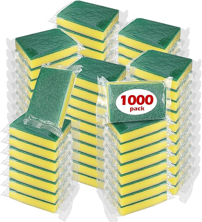 1000 Pack Individually Wrapped Sponges for Cleaning Dishes - Bulk Case of Small Mini Kitchen Scrub Non-Scratch Scrubbers