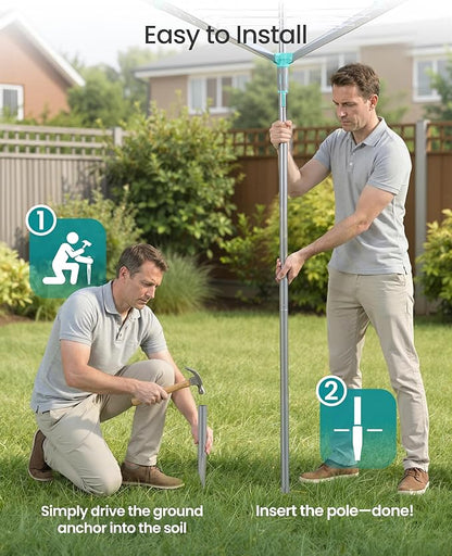 SONGMICS Umbrella Clothesline, Rotary Washing Line, Foldable Heavy-Duty Outdoor Clothes Drying Rack with Clips, Cover, Ground Anchor, 147.6 ft (45 m) Long for 4 Loads of Laundry, Silver ULLR306EZ01