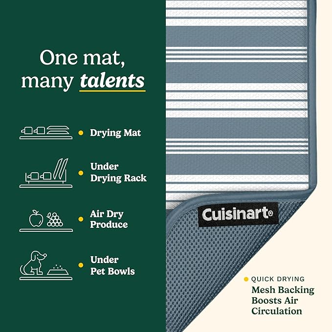 Cuisinart Dish Drying Mats for Kitchen Counter - (2) 16" x 18" Ultra Absorbent Kitchen Dish Drying Mat - Mesh Backing, Foldable, Machine Washable, Fast Drying Dish Mat (Solid Stripes)