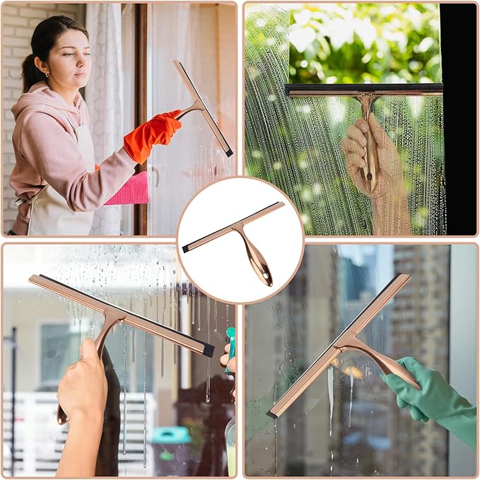 9.6 Inches All-Purpose Silicone Squeegee for Shower Doors with Adhesive Hook. Window Shower Cleaner Tool Suitable for Shower Glass Doors, Bathroom, Window and Car Glass.Rose Gold