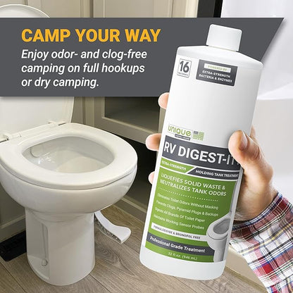 Unique RV Digest-It+, 16 Extra-Strength RV Toilet Treatments - Liquifies Waste and Toilet Paper - Odor Eliminator (32 oz)