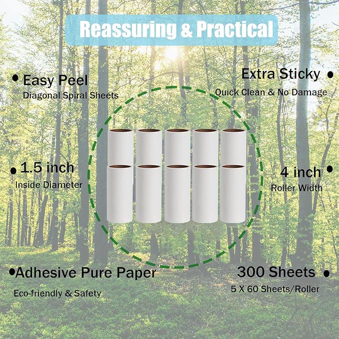 Lint Roller Refills,Extra Sticky Lint Roller Replacement Refills Only, Inside Diameter 1.5 inch, 60 Sheets per Roll (Pack of 10, Total 600 Sheets, 4 inch)