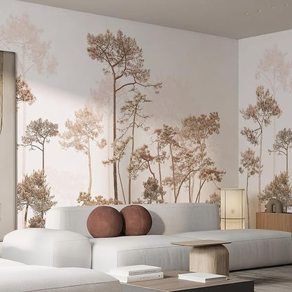 Zeeko Vintage Forest Beige Wall Murals Peel and Stick 144" W x 100" H Waterproof Canvas Self-Adhesive Removable Wallpaper Large Woodland Landscape Wall Art Decor for Bedroom Living Room