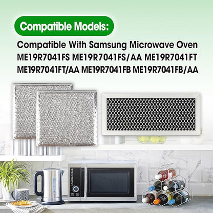 Microwave Oven Grease & Charcoal Filter Compatible with Samsung ME19R7041FS ME19R7041FS/AA ME19R7041FT ME19R7041FT/AA ME19R7041FB ME19R7041FB/AA, 1 Pc Grease Trapping & 2 Pcs Activated Carbon Filter