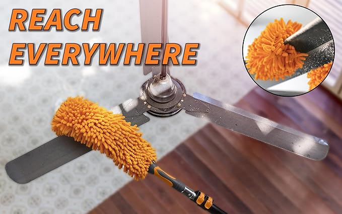 30 Foot High Reach Duster Kit with 5-24 ft Extension Pole // High Ceiling Dusting and Window Cleaning Kit with Telescopic Pole // Baseboard and Wall Washer Mop, Squeegee, Fan Blade & Cobweb Dusters
