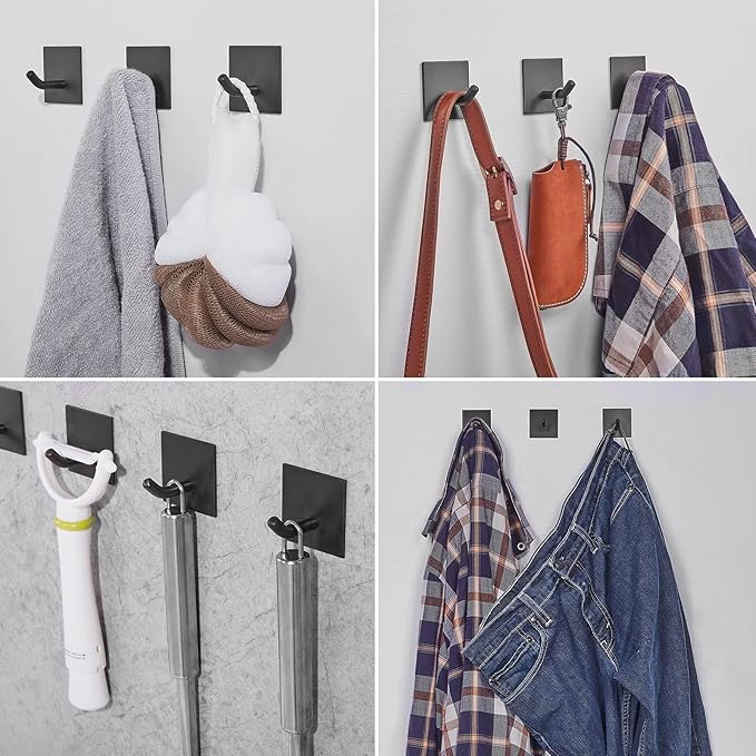 FOMANSH Heavy Duty Adhesive Hooks, Stick on Wall Adhesive Hangers, Strong Stainless Steel Holder, Self Adhesive Hooks for Kitchen Bathroom Home Door Towel Coat Key Robe 4 Packs Black