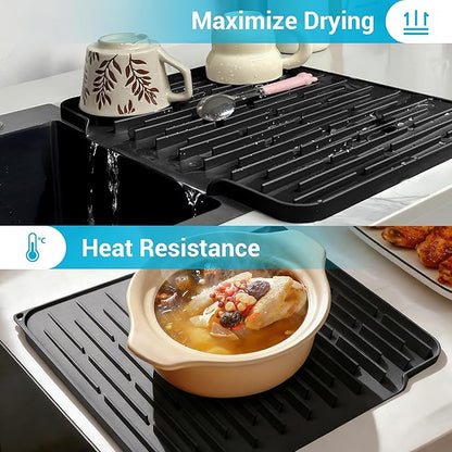 Silicone Dish Drying Mat for Kitchen Counter, Foldable & Heat Resistant Drying Pad with 5° Slope & Wide Drain, 15x12 Inch Non-slip Sink Mat for Bathroom and Countertop.(Black）