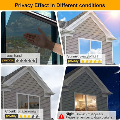 One Way Window Privacy Film See Out Not in, Window Tint for Home, Reflective Mirror Glass Windows Coverings Sun Heat UV Blocking, Black-Silver, 29.5 Inch x 157.4"