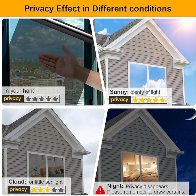 One Way Window Privacy Film See Out Not in, Window Tint for Home, Reflective Mirror Glass Windows Coverings Sun Heat UV Blocking, Black-Silver, 35.4 Inch x 394 Inch