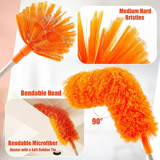 30 Feet High Reach Duster Kit with 2-24 ft Extension Pole High Ceiling Dusting and Window Cleaning Kit with Window Washer & Squeegee, Cobweb Duster, Washable Head for Ceiling Fan(Orange)