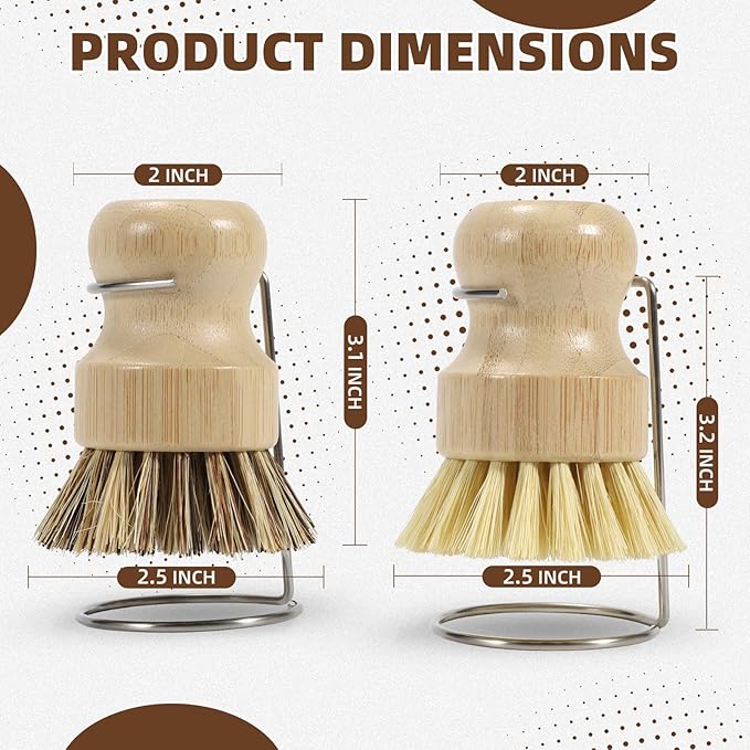 SAMEBUETCO 6-Piece Bamboo Dish Brush Set with 2 Stainless Steel Drying Racks, 3 Mixed Fiber Pot Brushes & 1 Sisal Bristle Brush for Dishes, Pots, Pans, Vegetables & Kitchen Cleaning