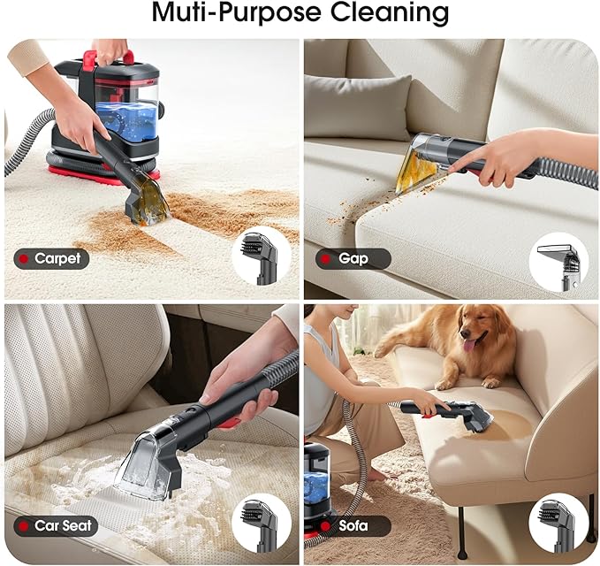 Portable Carpet & Upholstery Cleaner Machine - 15Kpa Deep Cleaning for Area Rugs, Pets, Couch & Car, Cleaning Machine with Dual Size BrushHead & Self-Cleaning System, Spot Cleaner for Stairs/Furniture