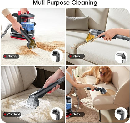 Portable Carpet & Upholstery Cleaner Machine - 15Kpa Deep Cleaning for Area Rugs, Pets, Couch & Car, Cleaning Machine with Dual Size BrushHead & Self-Cleaning System, Spot Cleaner for Stairs/Furniture
