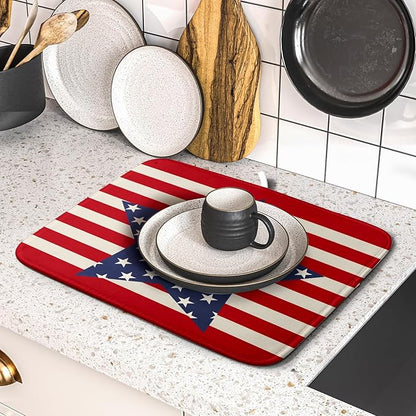Blue Star Patriotic July of 4th Dish Drying Mat for Kitchen Counter 16x18 Independence Day Red Striped Absorbent Reversible Microfiber Drying Mats Kitchen Countertop Protector Dishes Drainer Rack Pad