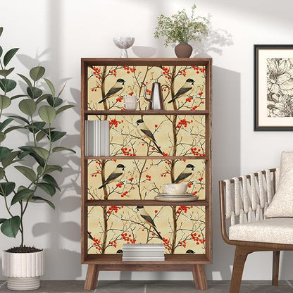 Vintage Bird Wallpaper Peel and Stick, Yellow/Red Botanical Fruits Contact Paper, Retro Floral Wall Paper Self Adhesive Removable Waterproof for Bedroom Walls Shelves Cabinet Drawer Table 17.5" x 118"