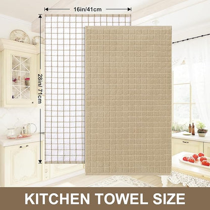 Homaxy Premium Cotton Kitchen Towels 16"x 28", Large Natural Ring Spun 390 GSM Dish Towels, Super Absorbent Terry Kitchen Hand Towels, Soft Tea Towels with Hanging Loop, Tan Check Design, 6 Pack