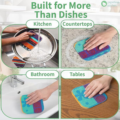 Set of 4 Premium Paperless Kitchen Dish Wash Scrubs – Sponge Scour Pads Made of 100% Natural Organic Fibers W/Non-Toxic Coat – Non-Scratch Surface – 5” x 6.5” – Ideal for Kitchen, Bathroom Cleaning