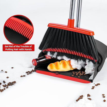Broom with Dustpan Combo Set for Home 54-in Long Adjustable Handle Angle Broom and Dustpan Set with Dustpan Comb Teeth for Sweeping Pet Hair Food Dirt Kitchen (Black)