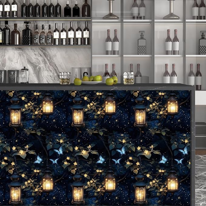 Dark Wallpaper Peel and Stick Night Forest Contact Paper Vintage Green Leaf Wall Paper Vinyl Waterproof Self Adhesive Retro Lantern Butterfly Walls Mural for Bedroom Cabinet Table Décor17.5" x 118"