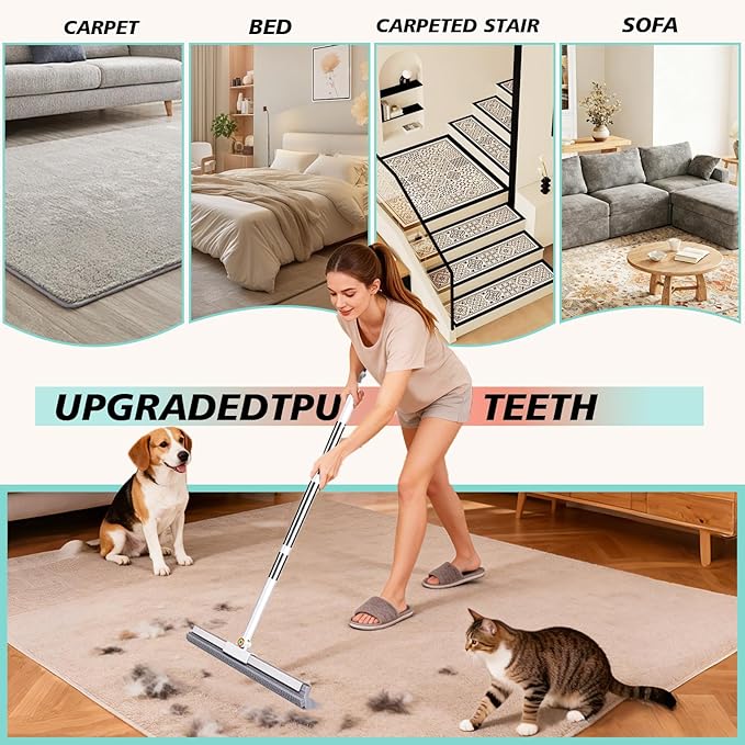 4 in 1 Carpet Rake for Pet Hair Removal with Adjustable Handle, Long Handle Dog and Cat Pet Hair Rake Set of 4, Rug Rake for Carpets, Pet Hair Broom for Carpets, Rugs, Mats, Couch, Car
