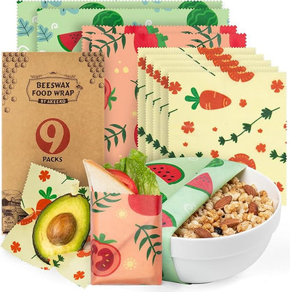 Akeeko Reusable Beeswax Food Wraps - Assorted 9 Packs, Reusable, Plastic-Free Food Storage, 5 Small, 2 Medium, 1 Large, 1 Extra Large Wraps with Cute Fruits Pattern