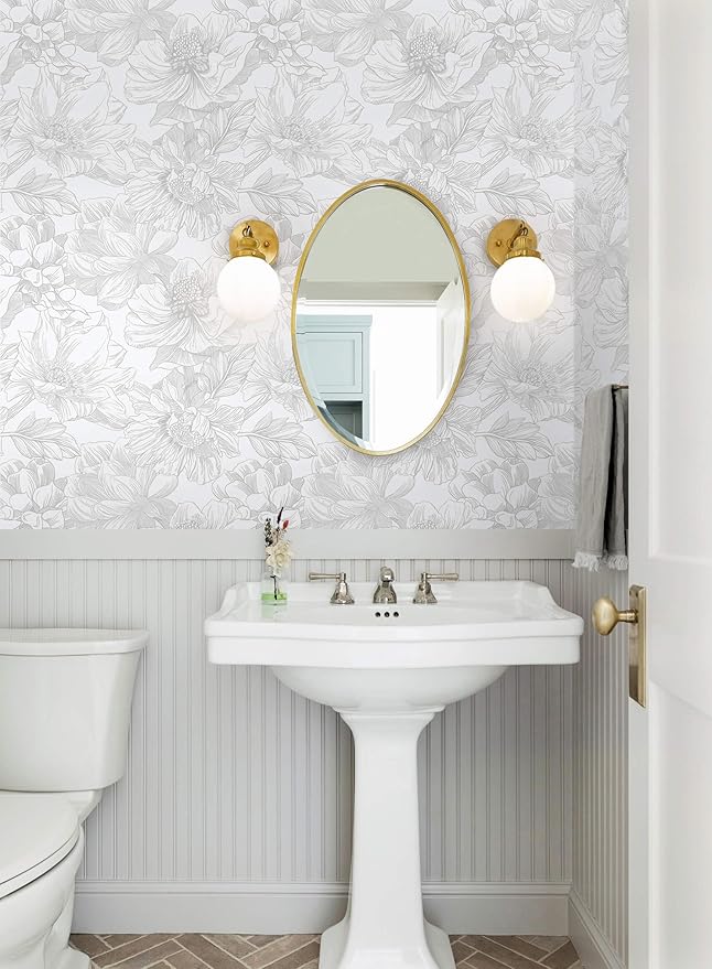 Ismoon Large Floral Peel and Stick Wallpaper Boho White/Grey Contact Paper 17.3inx6.5ft Removable Self Adhesive Bedroom Cabinet Mural Wall Decor Vinyl Roll