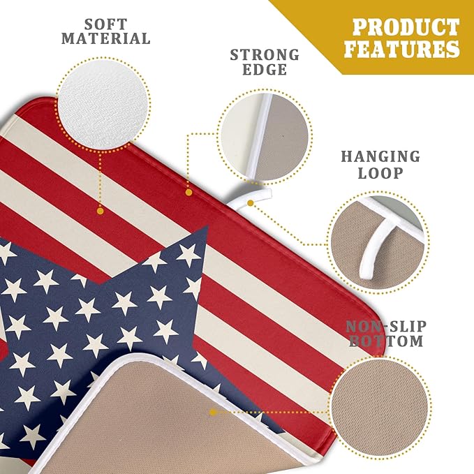 Blue Star Patriotic July of 4th Dish Drying Mat for Kitchen Counter 16x18 Independence Day Red Striped Absorbent Reversible Microfiber Drying Mats Kitchen Countertop Protector Dishes Drainer Rack Pad