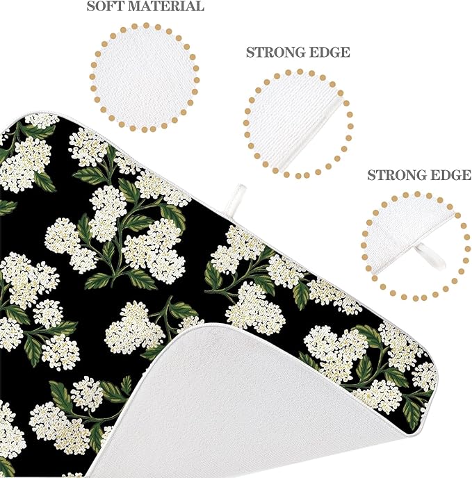 Black Hydrangea Dish Drying Mats 18x24 Inch Mats Spring Beige Green Floral Drying Mats Summer Vintage Flower Seasonal Absorbent Drying Dish Pad for Kitchen Dining Room Counter Decorations
