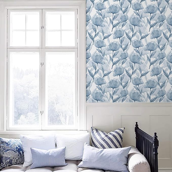 Heroad Brand 16.1"x393" Boho Floral Peel and Stick Wallpaper Blue Flowers Contact Paper for Cabinets Waterproof Removable Self Adhesive Wallpaper Drawer Liner Decoration Paper for Walls