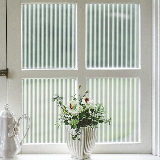 VELIMAX Reeded Glass Window Film, Window Privacy Film, Frosted Window Vinyl, 3D Decorative Decals Non Adhesive for Bathroom Living Room 17.7x78.7 inches