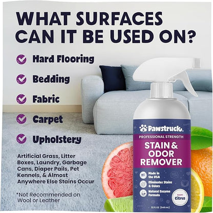 Pawstruck Professional Strength Pet Stain & Odor Remover - Natural Enzyme Cleaning Solution for Dogs & Cats - Safe and Effective Smell Eliminator - 32 oz - Packaging May Vary