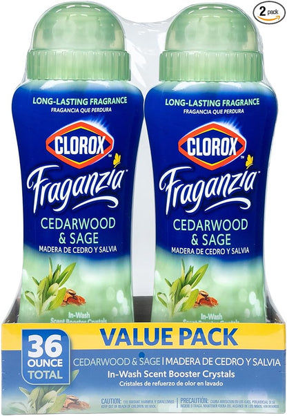 Clorox Fraganzia Laundry Scent Booster Crystals, In-Wash Fragrance Beads for Fresh-Smelling Clothes & Linens, Safe for All Fabrics & Colors, Cedarwood & Sage, 18 Oz, 2 Pack
