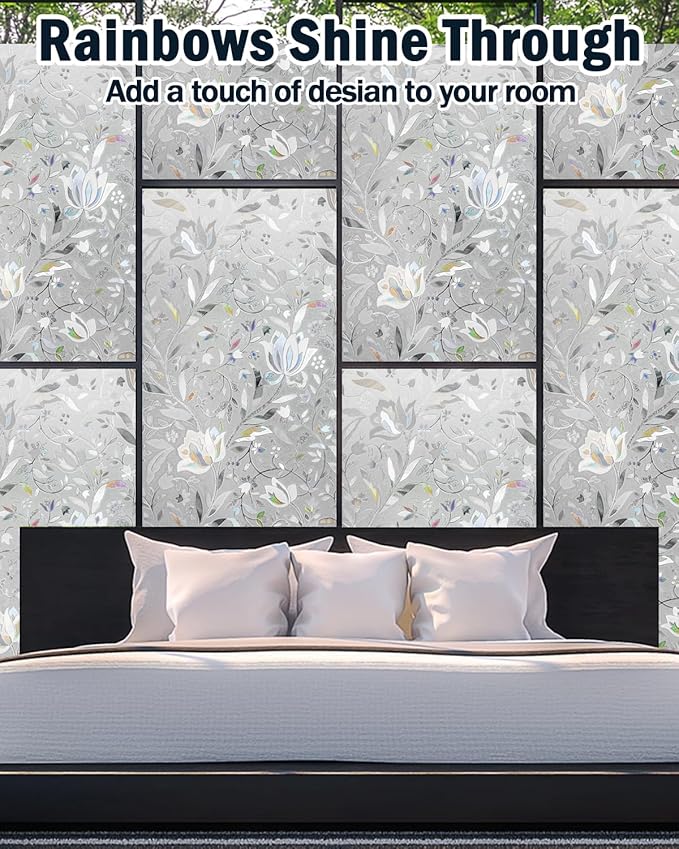 Frosted Tulip Patterned Window Privacy Film with Installation Tools, Stained Glass Decorative Film, Removable, Peep-Proof, Static Cling (35.4 x 157.5 Inch)