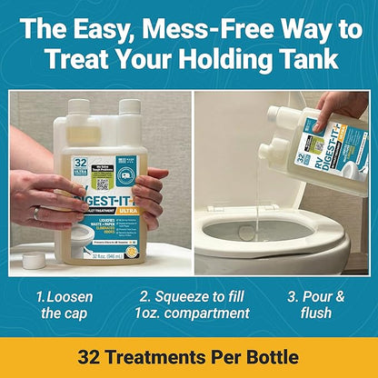 Unique RV Digest-It Ultra Super Concentrated RV Toilet Treatment, 64 Uses - Eliminates Smells and Liquifies Waste, Preventative Bio-Enzymatic Holding Tank Treatment (32 oz, Pack of 2)