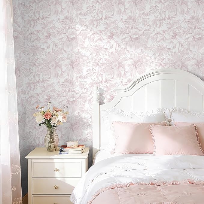 Floral Peel and Stick Wallpaper - Pink White Removable Self adhesive Wall Paper for Decor Walls Bathroom,Bedroom - Boho Flower Waterproof Modern Contact Paper for Cabinets and Drawers, 17.3"×196.8"