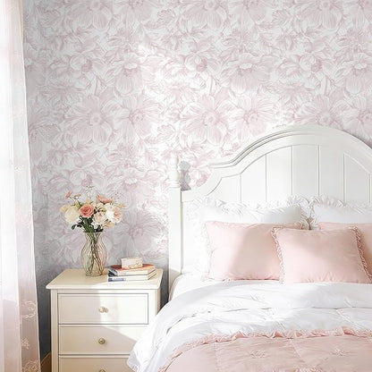 Floral Peel and Stick Wallpaper - Pink White Removable Self adhesive Wall Paper for Decor Walls Bathroom,Bedroom - Boho Flower Waterproof Modern Contact Paper for Cabinets and Drawers, 17.3"×118"