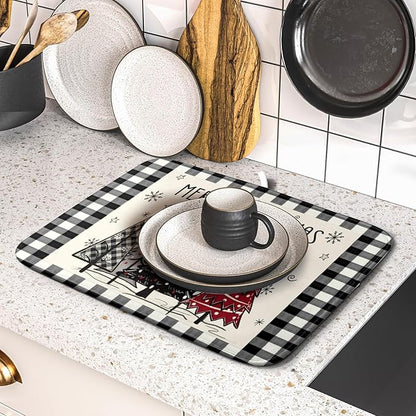 Merry Christmas Tree Dish Drying Mat for Kitchen Counter 16x18 Inch Black Red Grey Xmas Plaid Print Absorbent Reversible Microfiber Drying Mats Kitchen Countertop Protector Dishes Drainer Rack Pad