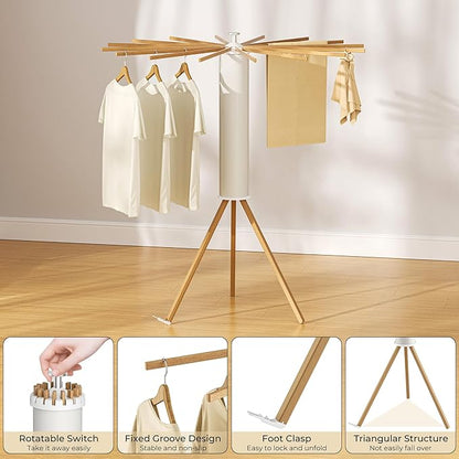 SUNOUTLY Tripod Clothes Drying Rack, Garment Rack Portable and Foldable Space Saving Laundry Drying Rack - Dryer Rack Clothing Floor Folding Balcony Bedroom Household (Beige(Wood), 16 rods)