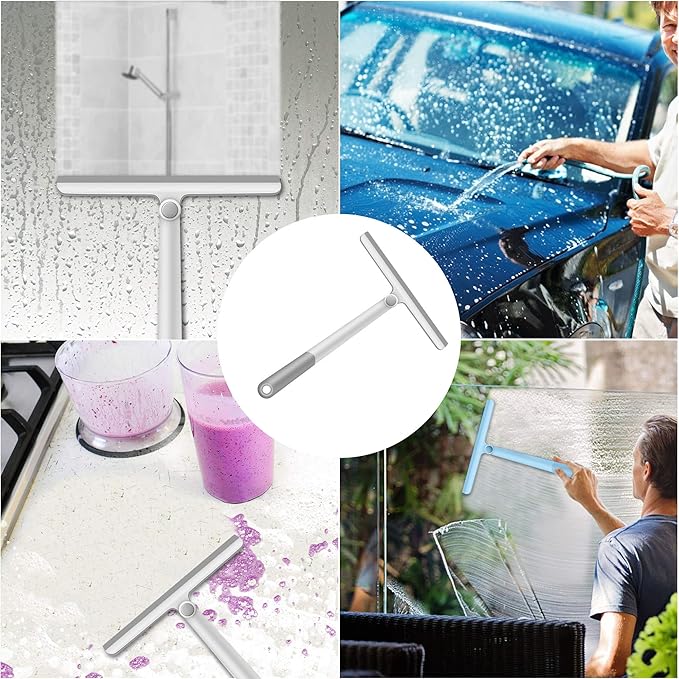 WONDAY Shower Squeegee for Glass Doors, 12" Long Handle Window Squeegee Cleaning Tool, Streak-Free Silicone Blade for Bathroom Mirror, High Windows, Car Windshield (2 Pack,Grey+Green)