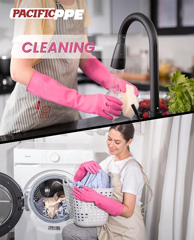 PACIFIC 2 Pairs Reusable Rubber Gloves for Washing Dishes and Cleaning Tasks, Water Resistant Household Gloves for Kitchen Bathroom, Grippy Latex Dish Washing, Pink, Large