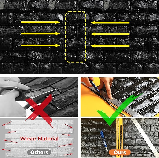 Circloophs 3D Wall Panels Stick and Peel, Black Brick Printable 3D Wallpaper Stick and Peel Self Adhesive Waterproof Foam Faux Brick Paneling for Bedroom, Bathroom, Kitchen, Fireplace (11, Black)