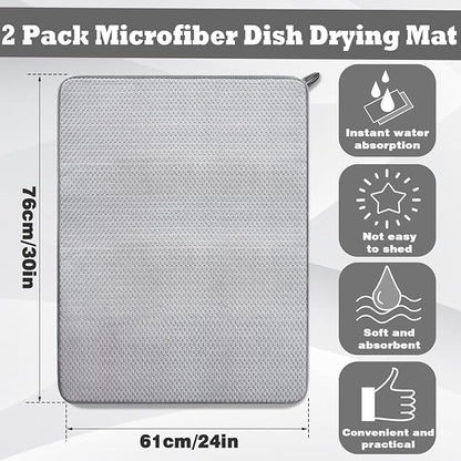 2 Pack Extra Large Microfiber Dish Drying Mat,30 x 24 Inch Super Absorbent Drying Pad,Large Size Dish Drying Mat for Countertops,Sinks,Draining Racks,Gray