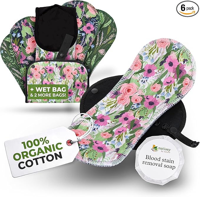 Organic Cotton Reusable Menstrual Pads for Light Flow (6 Pack S+M) - Leak Proof & Odor Free Cloth Pads for Women & Teens - High Temp Washable, Breathable, Soft & Skin-Safe for All Day Period Comfort
