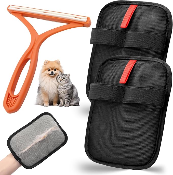 2PCS Newly Pet Hair Removal Gloves,Reusable Electrostatic Cat Dog Pet Hair Removal Gloves,Hair Remover for Couch,Furniture,Carpet,(2 Pack Glove,1Red Lint Scraper) Cat and Dog Glove.