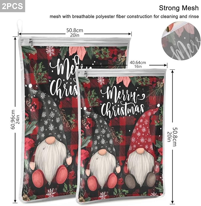 Mesh Laundry Bags Lingerie Bags for Washing Delicates 2 PCS Durable Wash Bag with Zipper Small and Medium Washable Red Black Checkered Christmas Gnomes Holly