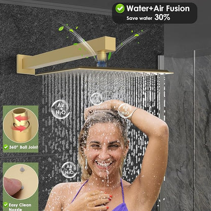 Enga Brushed Gold Rain Shower System with 4 Body Shower Jets 12inch Wall Mount Rainfall Shower Head & Handheld, Multi Shower Head System Rain Shower Faucets sets Combo with Rough-in Valve